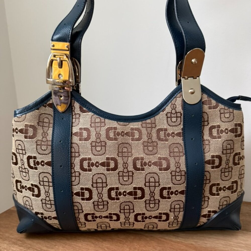 Gucci Horsebit Canvas Tote – Y2K - Blue Leather Trim + Buckle Hardware